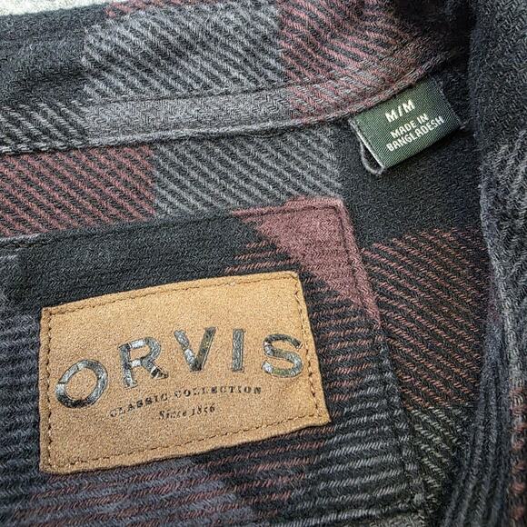 Orvis Shirt Mens Medium Red Gray Plaid Flannel Double Pocket Button Up Shacket - Picture 2 of 16